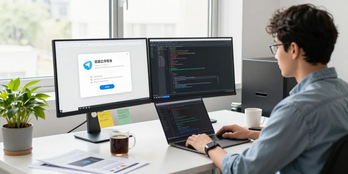 Developer setting up Telegram Chinese interface in a modern workspace