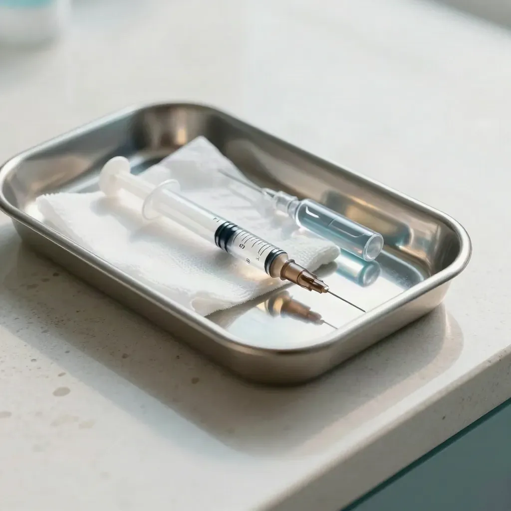 Stainless injection tray with syringe, gauze, ampoules, and teal drape on travertine in tense readiness.