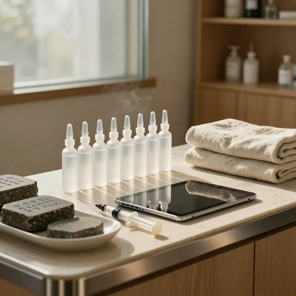 Regenerative planning tools arranged in a quiet clinic alcove with frosted ampoules and syringes.