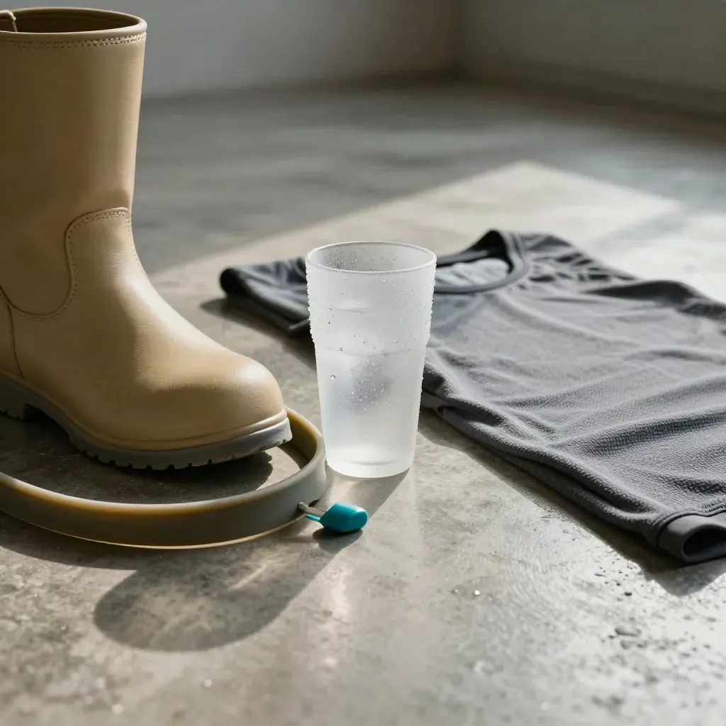 Recovery boot, resistance bands, ice cup, and folded jersey on a polished treatment floor.