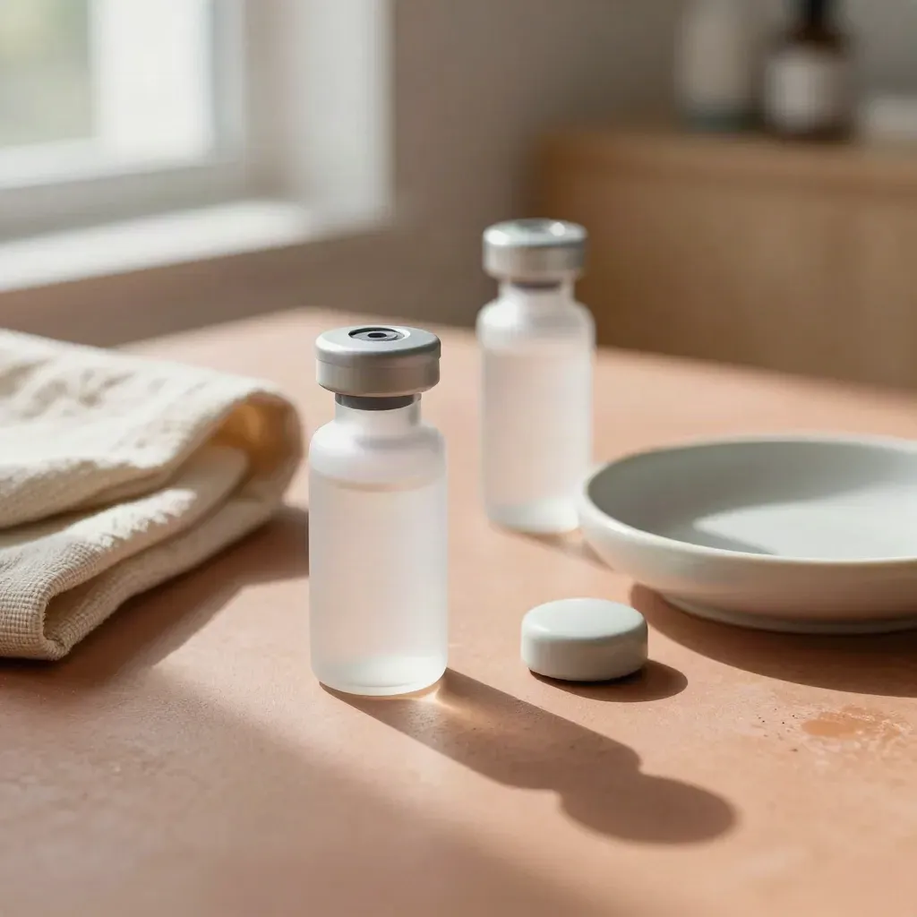 Two follow-up vials, a porcelain return token, and a ceramic dish on a sunlit clinic countertop.