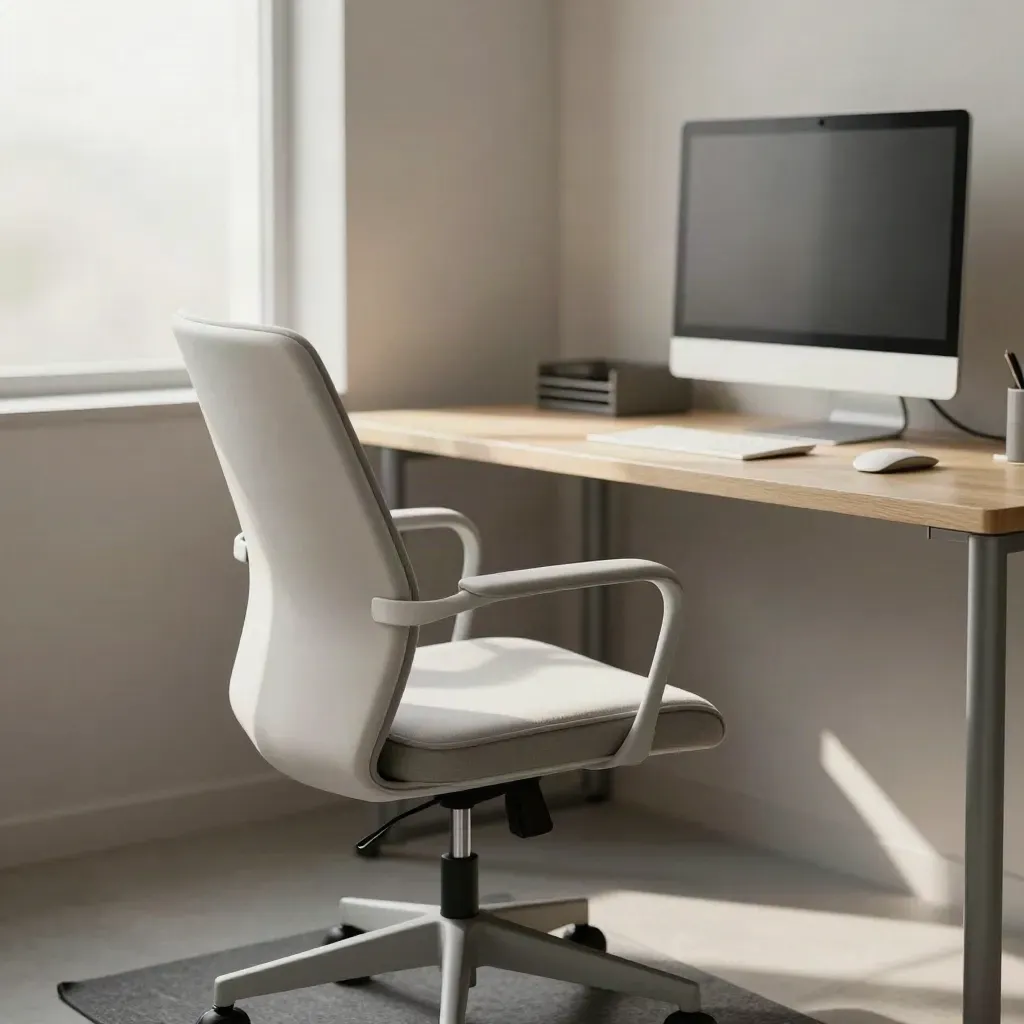 Ergonomic chair, standing mat, hip cushion, and monitor in a calm home office corner.