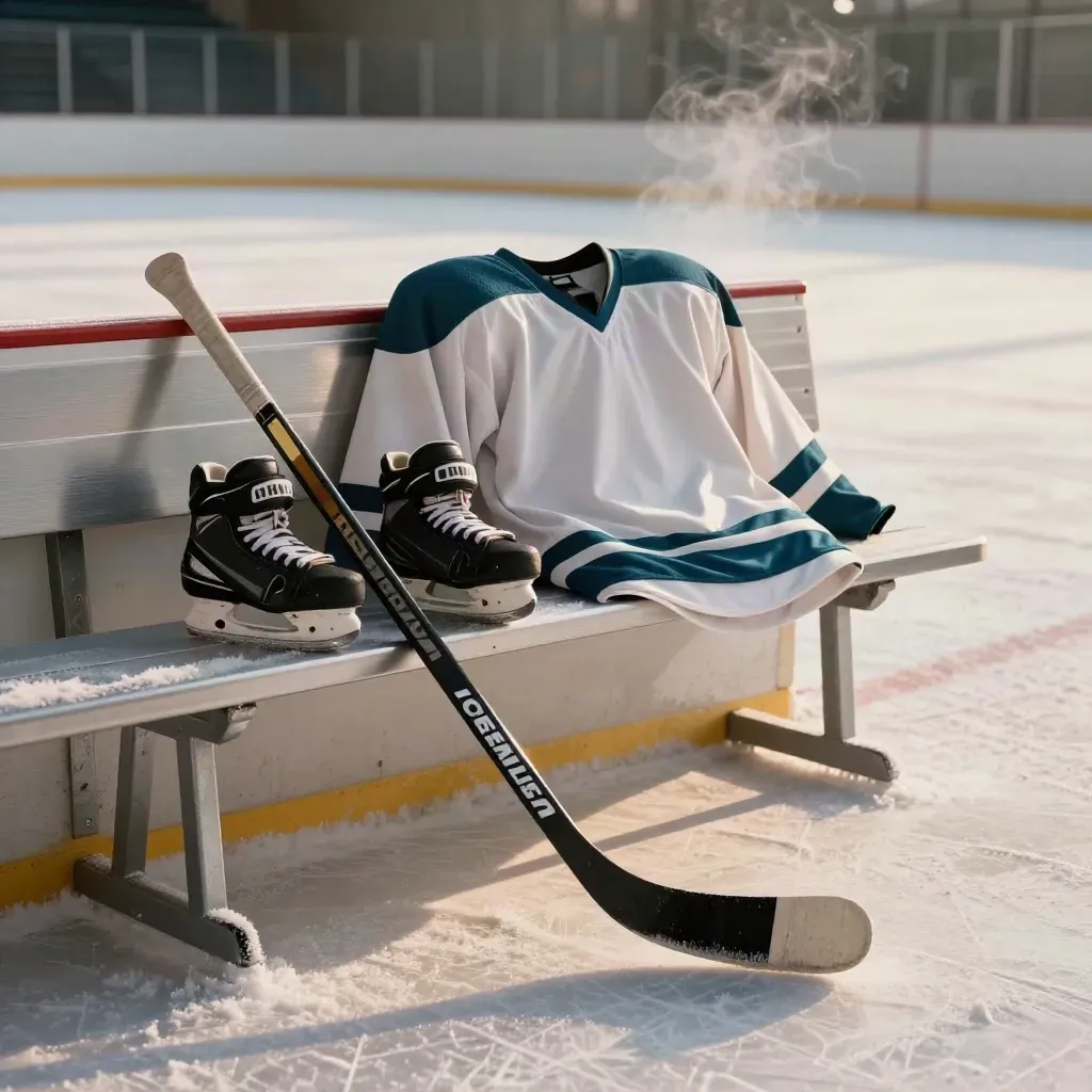 Hockey rehab gear on a rink bench with a shoulder pad, taped stick, guards and folded jersey.