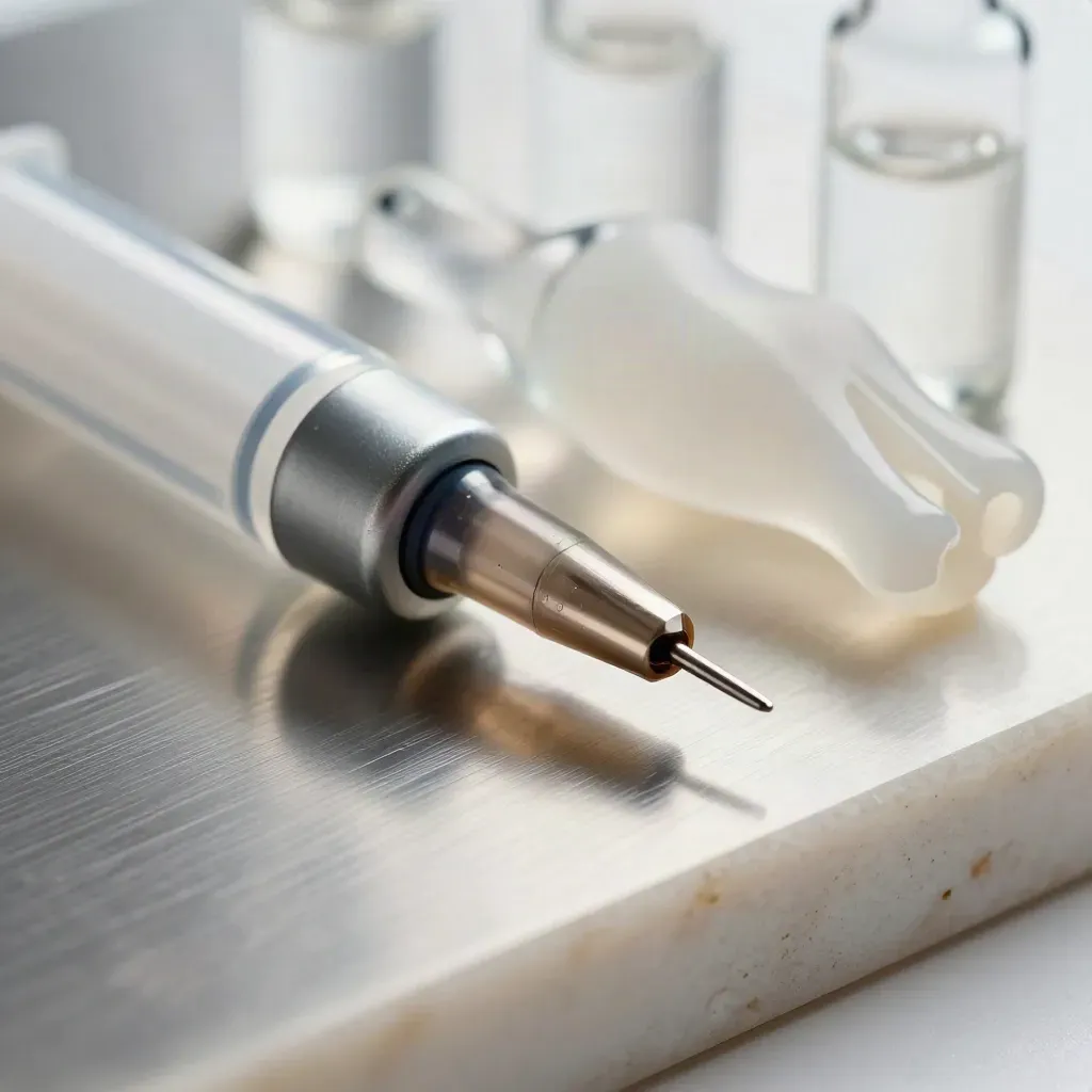 Macro still life of injector tip, frosted ampoules and knee model on brushed steel.