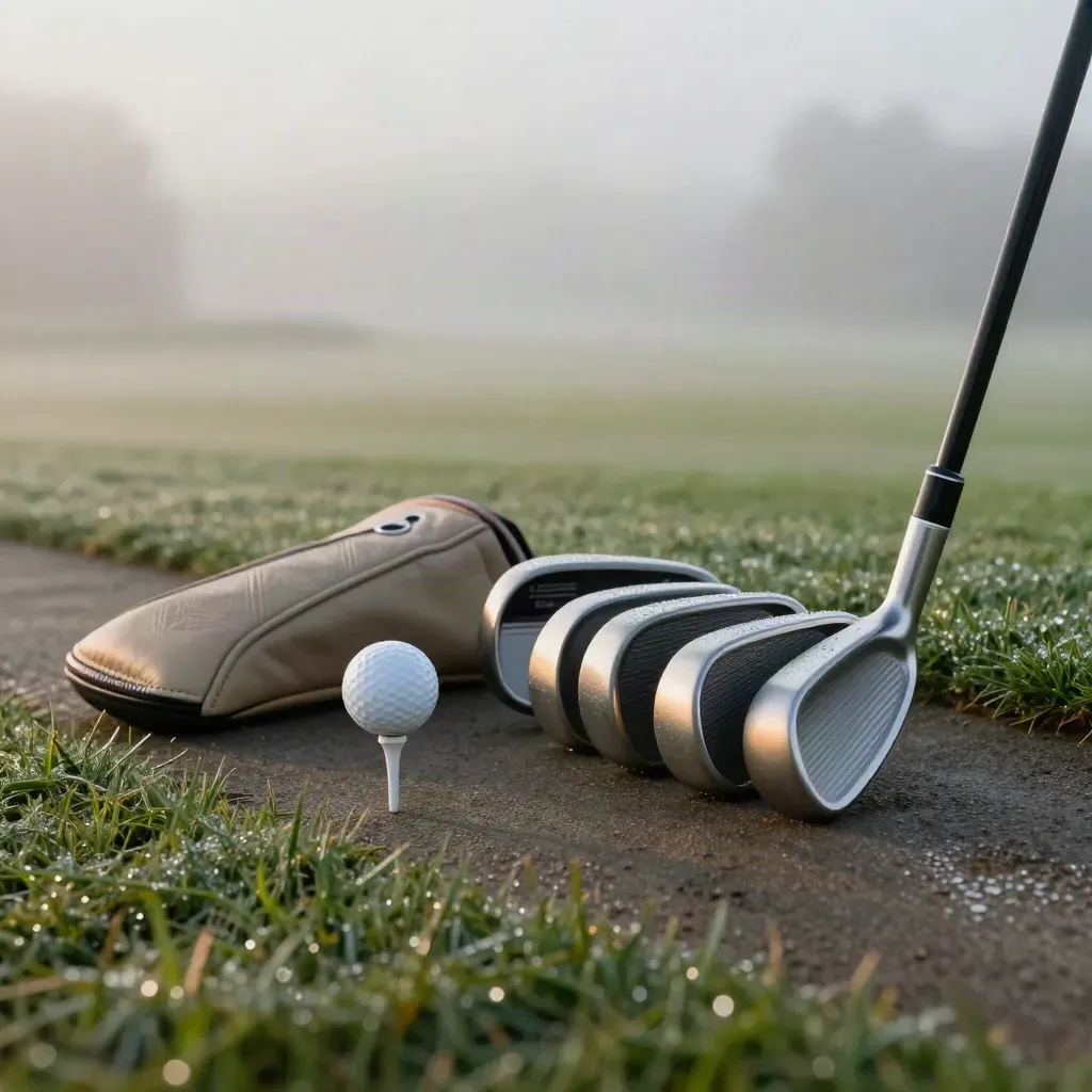 Golf ball on tee with irons, headcover, and dew at first light on a quiet fairway.