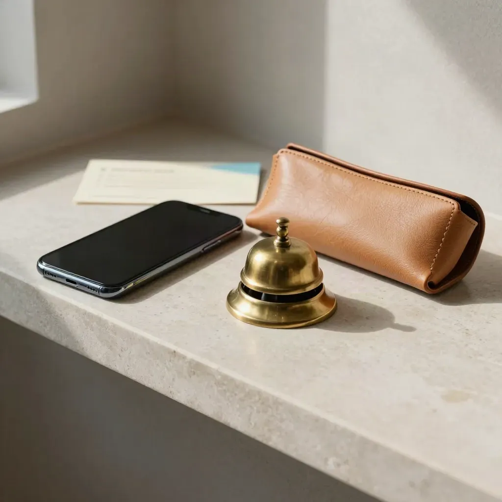 Brass bell, dark smartphone, and folded eyeglass case on a pale stone ledge