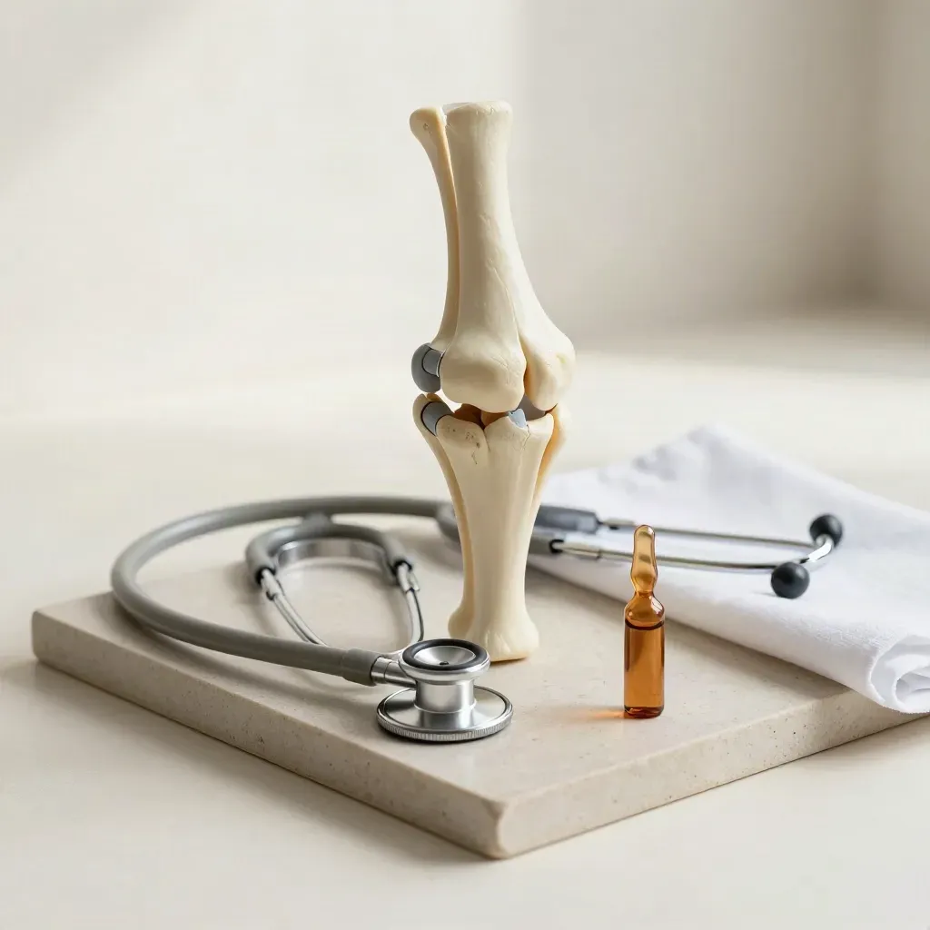 Orthopedic knee model, stethoscope and amber ampoule on a stone tray