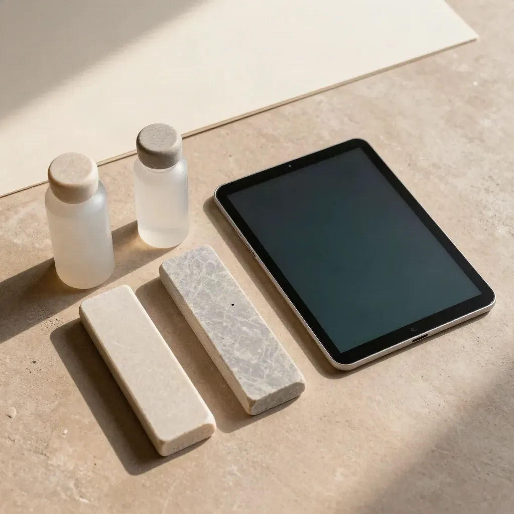 Overhead stone markers, sample vial and tablet on concrete with soft daylight and calm spacing