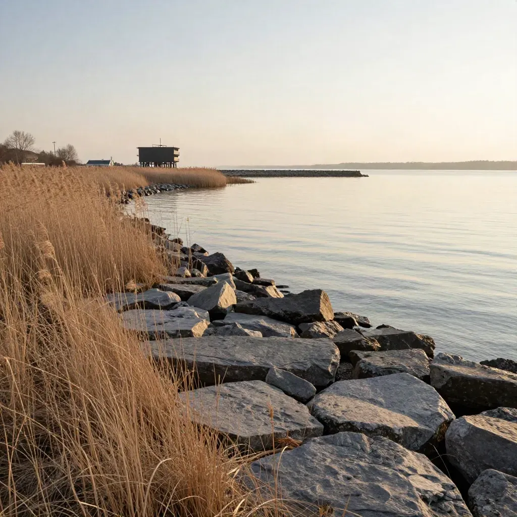 Durham lakefront shoreline with reeds, open water, and a distant harbor in golden haze.