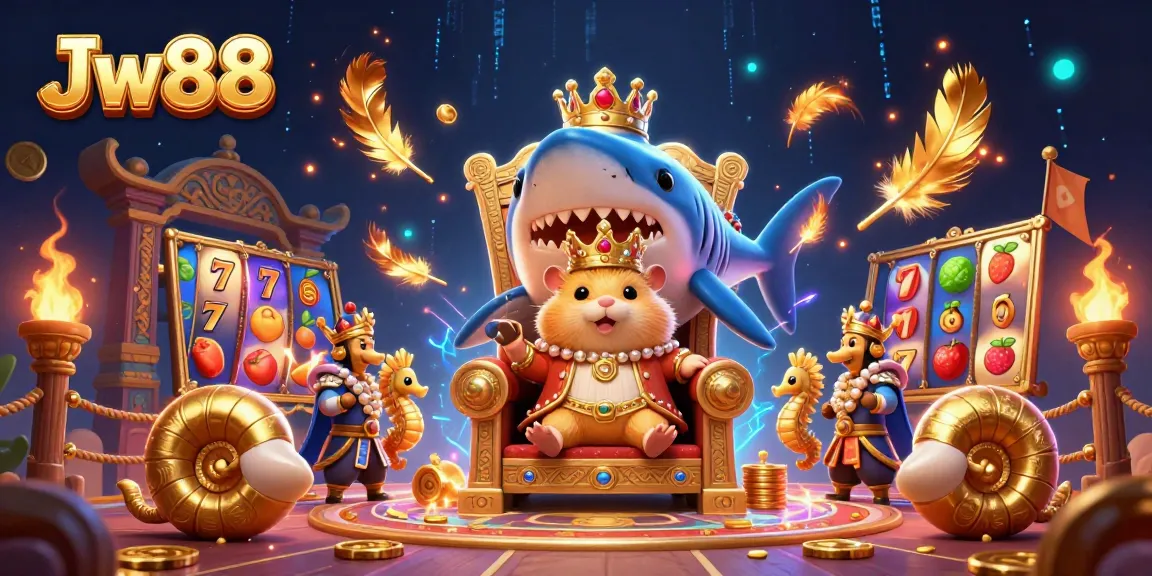 Experience the thrilling world of Jw88 with colorful slot games and royal characters in this vibrant 3D casino illustration.